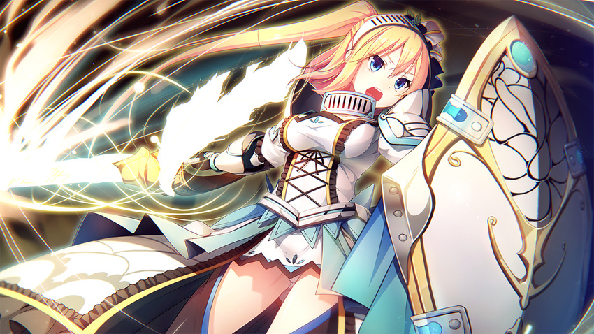 aigis_von_orphovius armor black_legwear blonde_hair blue_eyes female game_cg hair_ornament holding holding_weapon long_hair magic open_mouth panties rozea_(graphmelt) shield solo sword tou_no_shita_no_exercitus underwear weapon white_panties