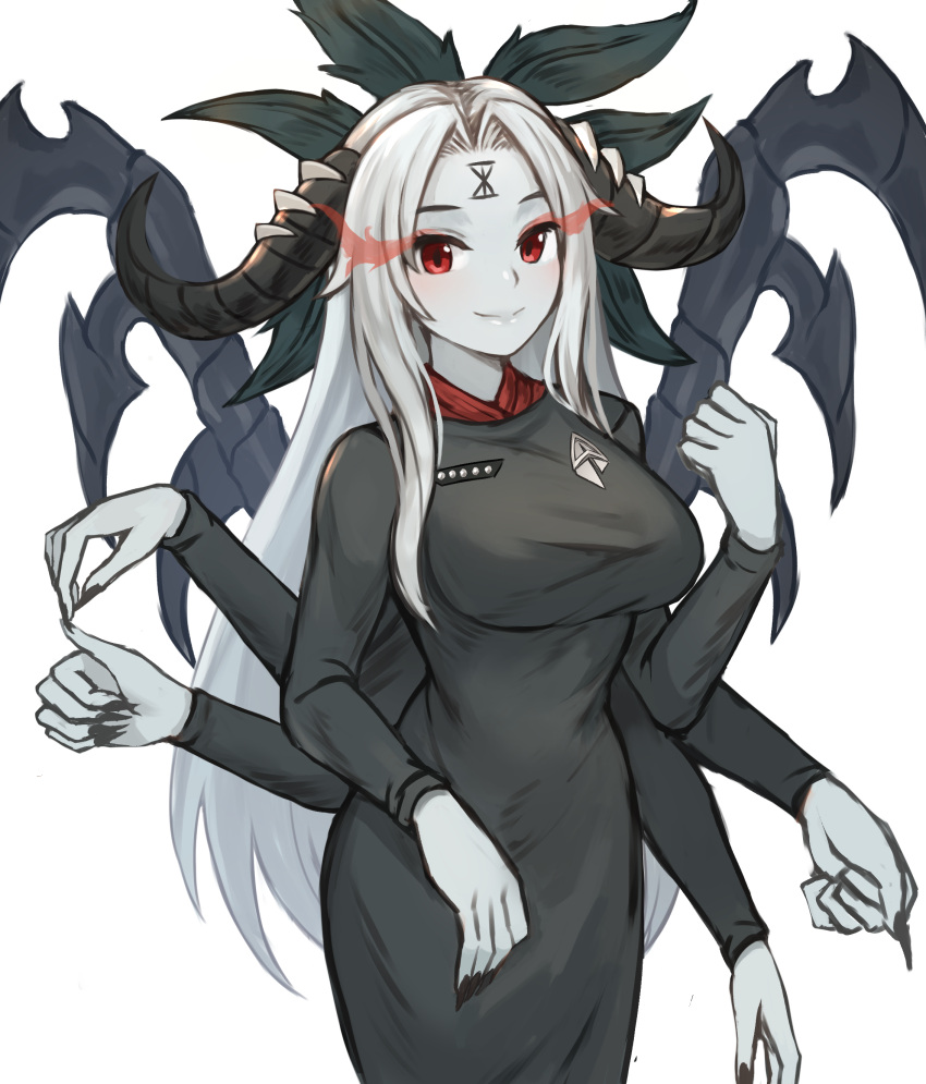 absurdres black_nails breasts chaos_(warhammer) colored_skin commentary commission demon_girl demon_horns english_commentary enteka_(khornette_quest) extra_arms facial_mark female fingernails flaming_eyes forehead_mark grey_skin hair_intakes highres horns khornette_quest large_breasts long_hair long_sleeves monster_girl parted_bangs pixiv_commission red_eyes sharp_fingernails simple_background smile solo sookmo star_trek very_long_hair warhammer_40k white_background