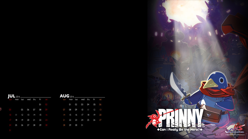 2016 august belt belt_pouch bird black_background calendar_(medium) character_request company_name copyright_name disgaea english_text etna_(disgaea) full_moon glowing glowing_eyes harada_takehito highres holding holding_sword holding_weapon july logo looking_at_viewer moon moonlight night no_humans official_art official_wallpaper orc_(disgaea) outdoors penguin photoshop_(medium) pouch prinny prinny_(series) prinny_~ore_ga_shujinkou_de_iinsuka?~ red_scarf saber_kitty_(disgaea) scarf simple_background solo_focus sword weapon