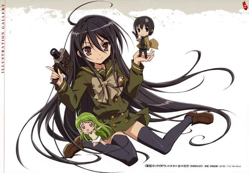 3girls absurdres ahoge alastor_(shakugan_no_shana) black_hair brown_eyes camera green_hair gun highres inukami! iwakura_kazunori jewelry kino_(kino_no_tabi) kino_no_tabi long_hair mini_person minigirl multiple_girls pendant red_eyes school_uniform shakugan_no_shana shana smile thighhighs weapon youko_(inukami)