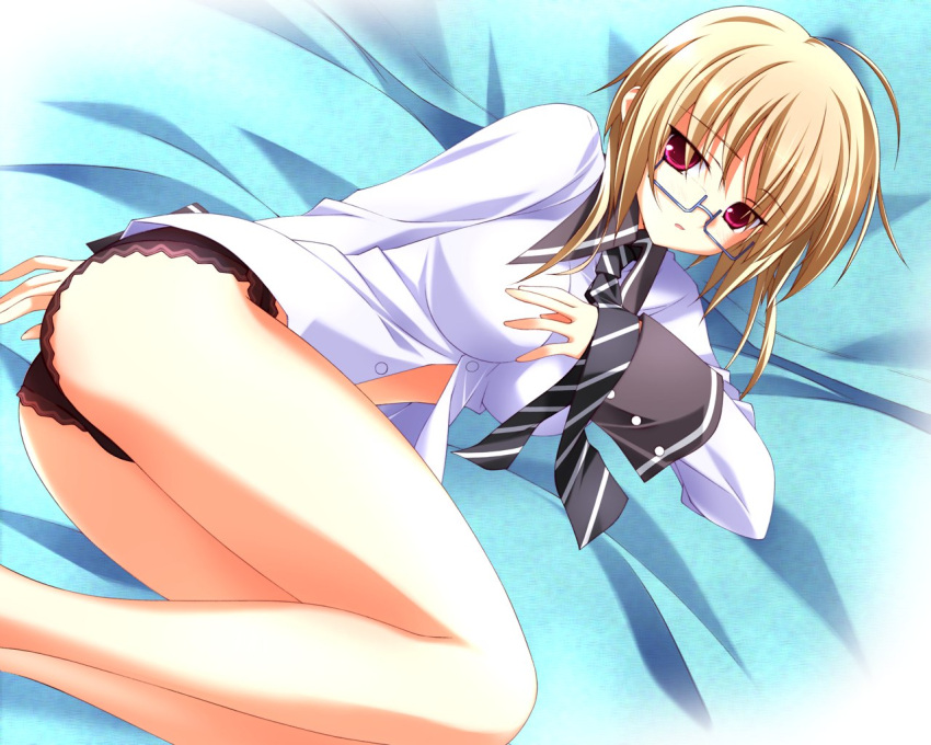 bad_id bad_link bed_sheet black_panties blonde_hair expressionless female glasses innocent_blue kinmedai_pink long_sleeves lying necktie no_pants official_art on_side panties pantyshot partially_unbuttoned red_eyes sakuragi_kanae semi-rimless_eyewear short_hair sleeve_cuffs solo striped striped_necktie under-rim_eyewear underwear