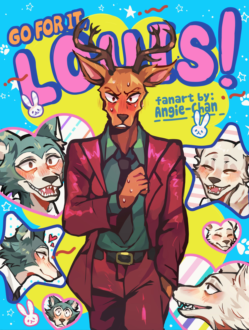 absurd_res angienekoblue anthro beastars blush bodily_fluids canid canine canis cervine clothing colorful_background colorful_theme crossover crush deer duo english_text go_for_it_nakamura heart_symbol hi_res legoshi_(beastars) louis_(beastars) male mammal paws red_deer shaking star suit sweat text trembling wolf