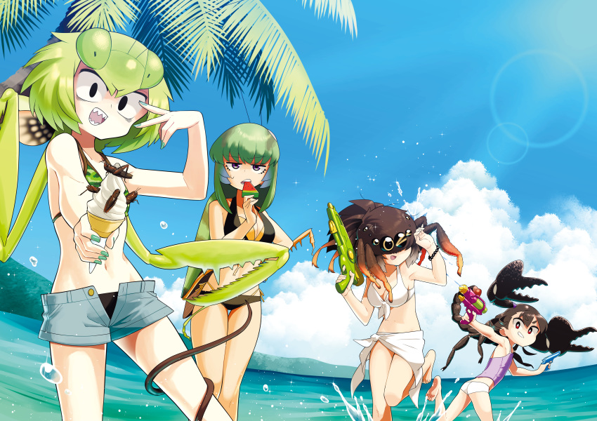 4girls absurdres arthropod_girl beach bikini bug camouflage camouflage_bikini commentary_request day eating evolvingmonkey extra_eyes food grasshopper grasshopper_inoue green_hair highres ice_cream mantis_akiyama mantis_girl monster_girl multiple_girls original outdoors palm_tree parasite personification popsicle praying_mantis sarong scorpion scorpion_girl scorpion_tsuchida sharp_teeth short_shorts shorts sky spider_girl spider_itou splashing swimsuit teeth tree water_gun watermelon_bar worm