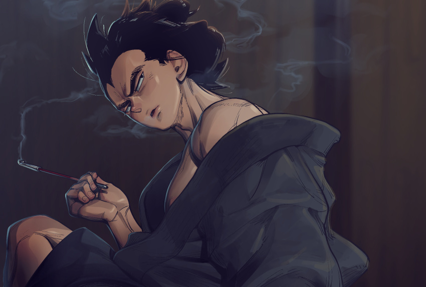 1boy alternate_hairstyle bara bare_pectorals black_kimono commentary_request dark_room dragon_ball dragon_ball_z fabulous feet_out_of_frame flaring hair_bun hand_up head_tilt highres holding holding_smoking_pipe japanese_clothes kimono limp_wrist lips looking_to_the_side male_focus muscular muscular_male naked_kimono off_shoulder open_mouth pectorals receding_hairline short_hair sideburns sitting smoke smoking smoking_pipe solo spiked_hair supobi thick_eyebrows turning_head vegeta