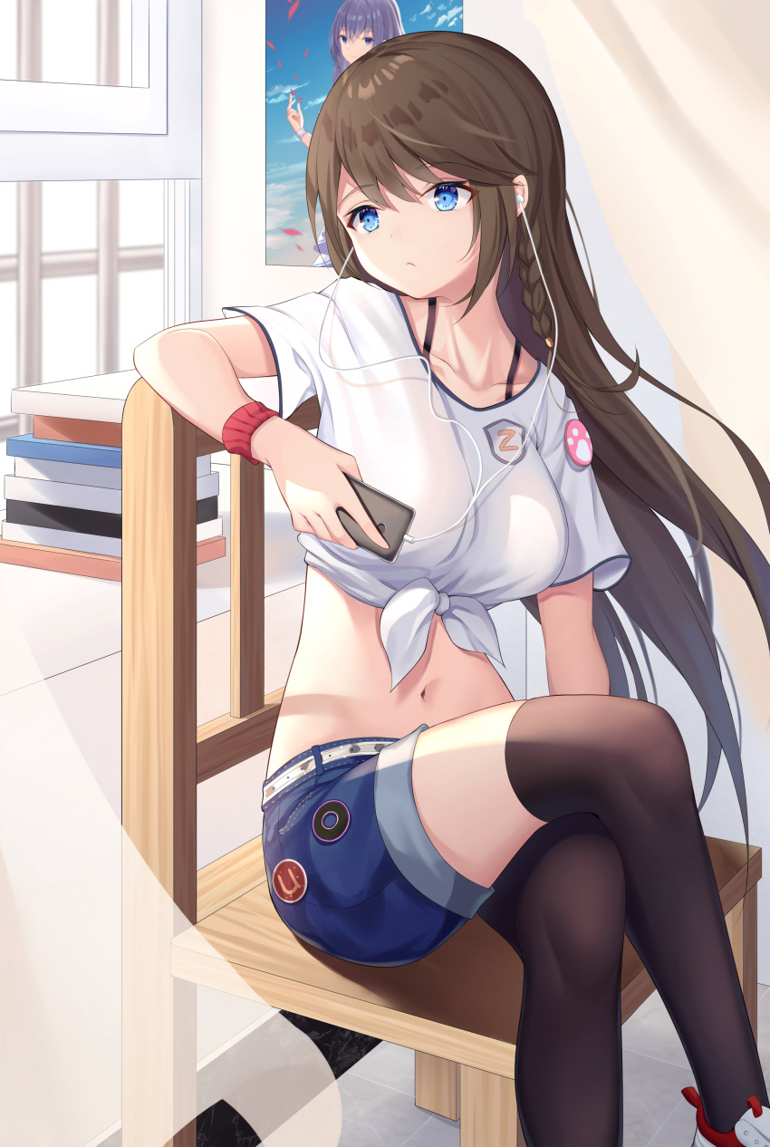 absurdres angel_no_shousou belt black_thighhighs blue_eyes blue_shorts bra_strap braid breasts brown_hair chair collarbone crop_top crossed_legs curtains denim denim_shorts earphones female front-tie_top highres holding long_hair looking_away medium_breasts midriff navel original phone photoshop_(medium) shirt short_shorts short_sleeves shorts sidelocks sitting solo stomach thighhighs very_long_hair white_shirt wristband