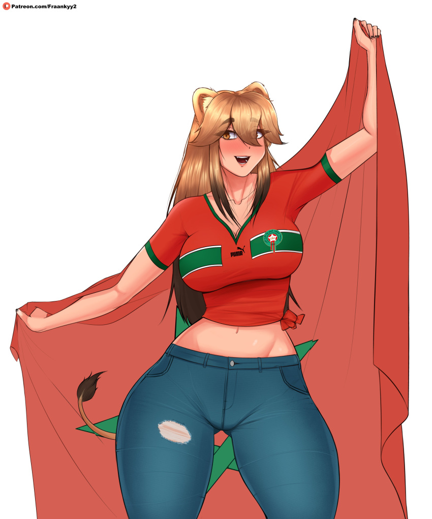 2022_fifa_world_cup absurdres animal_ears artist_name black_nails breasts brown_eyes brown_hair crop_top denim female flag fraankyy happy highres jeans jersey large_breasts lion lion_ears lion_girl looking_at_viewer midriff morocco multicolored_hair navel oerba_yun_fang open_mouth original pants patreon_logo patreon_username red_shirt shirt simple_background smile soccer soccer_uniform solo sportswear tail thick_thighs thighs tied_shirt web_address white_background wide_hips world_cup