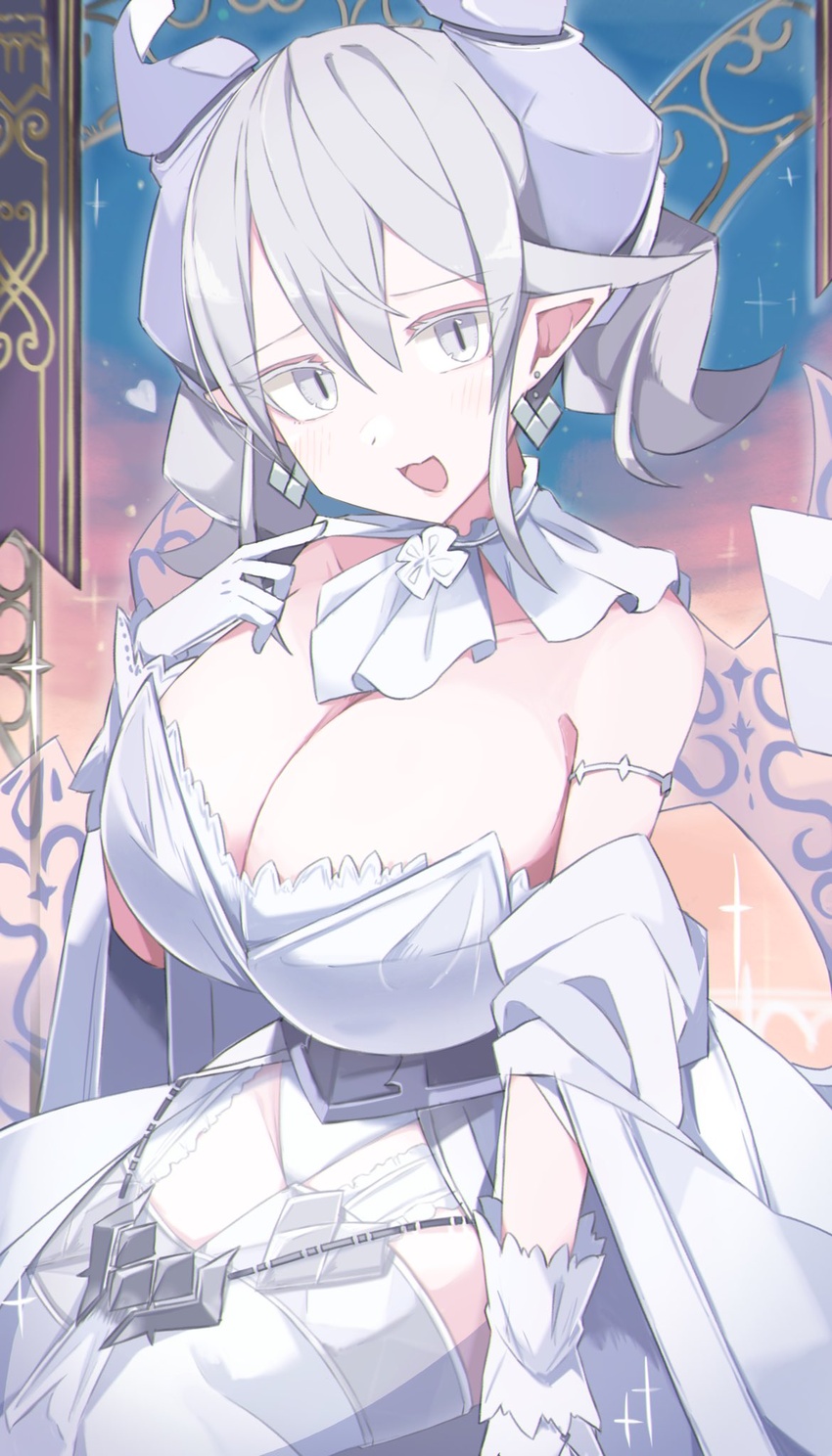 breasts cleavage dress duel_monster earrings female garter_straps gloves highres horns jewelry large_breasts lovely_labrynth_of_the_silver_castle pointy_ears sakuragi_raia see-through see-through_dress thighhighs white_dress white_eyes white_gloves white_hair yu-gi-oh!