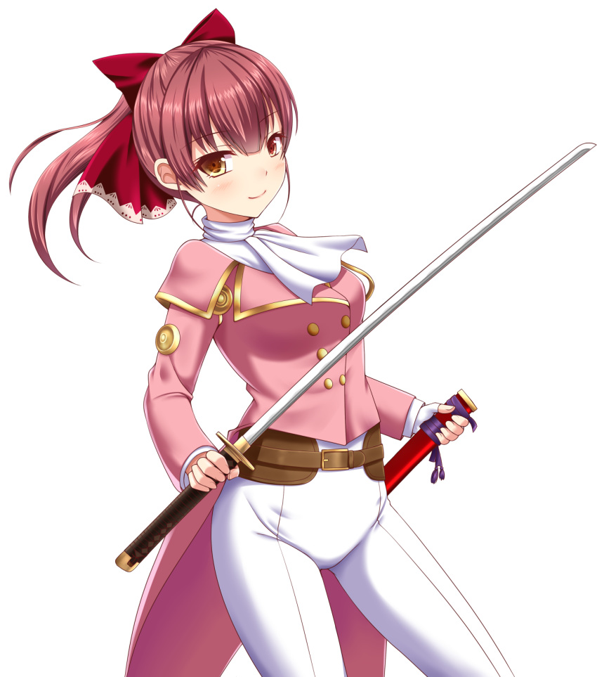 ascot bow breasts brown_eyes brown_hair closed_mouth commentary_request cosplay female hair_between_eyes hairbow heterochromia highres holding holding_sheath holding_sword holding_weapon hololive houshou_marine jacket katana ki_(kk-sk-ray) long_hair long_sleeves medium_breasts pants pink_jacket ponytail red_bow red_eyes red_hair sakura_taisen sheath shinguuji_sakura shinguuji_sakura_(cosplay) sidelocks smile solo sword transparent_background unsheathed virtual_youtuber weapon white_ascot white_pants yellow_eyes