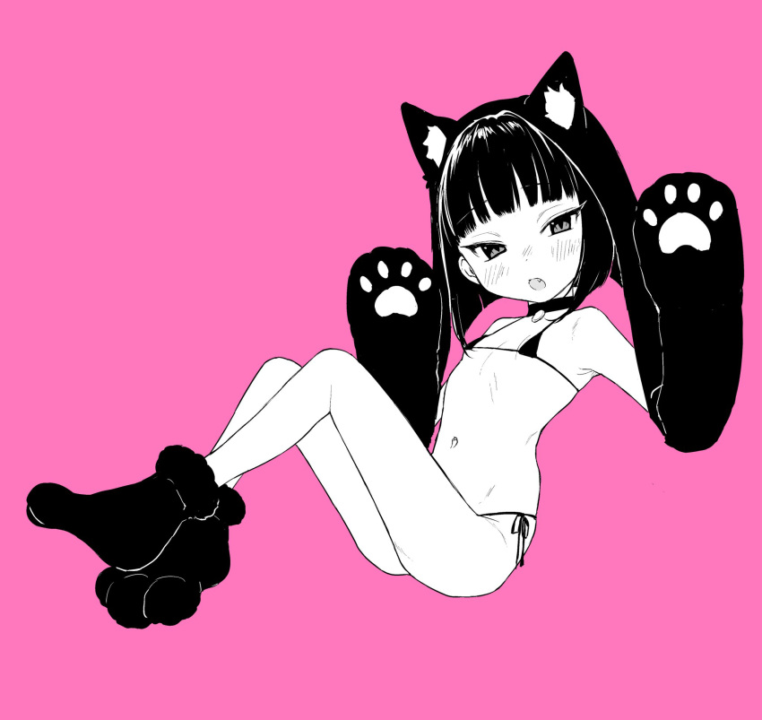 animal_ears bikini black_bikini black_choker blush cat_ears choker female full_body gloves hands_up highres little_mare lolicon looking_at_viewer looking_to_the_side micro_bikini navel oerba_yun_fang open_mouth original paw_boots paw_gloves paws pink_background short_hair side-tie_bikini simple_background solo swimsuit