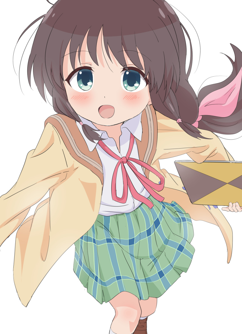 :d blue_eyes blush brown_footwear brown_hair brown_jacket collared_shirt commentary_request dress_shirt female green_skirt hair_ribbon highres holding honda_tamaki jacket kneehighs loafers long_hair neck_ribbon open_mouth pink_ribbon plaid plaid_skirt pleated_skirt red_ribbon ribbon shirt shoes sidelocks simple_background sincos skirt smile socks solo stella_no_mahou very_long_hair white_background white_shirt white_socks