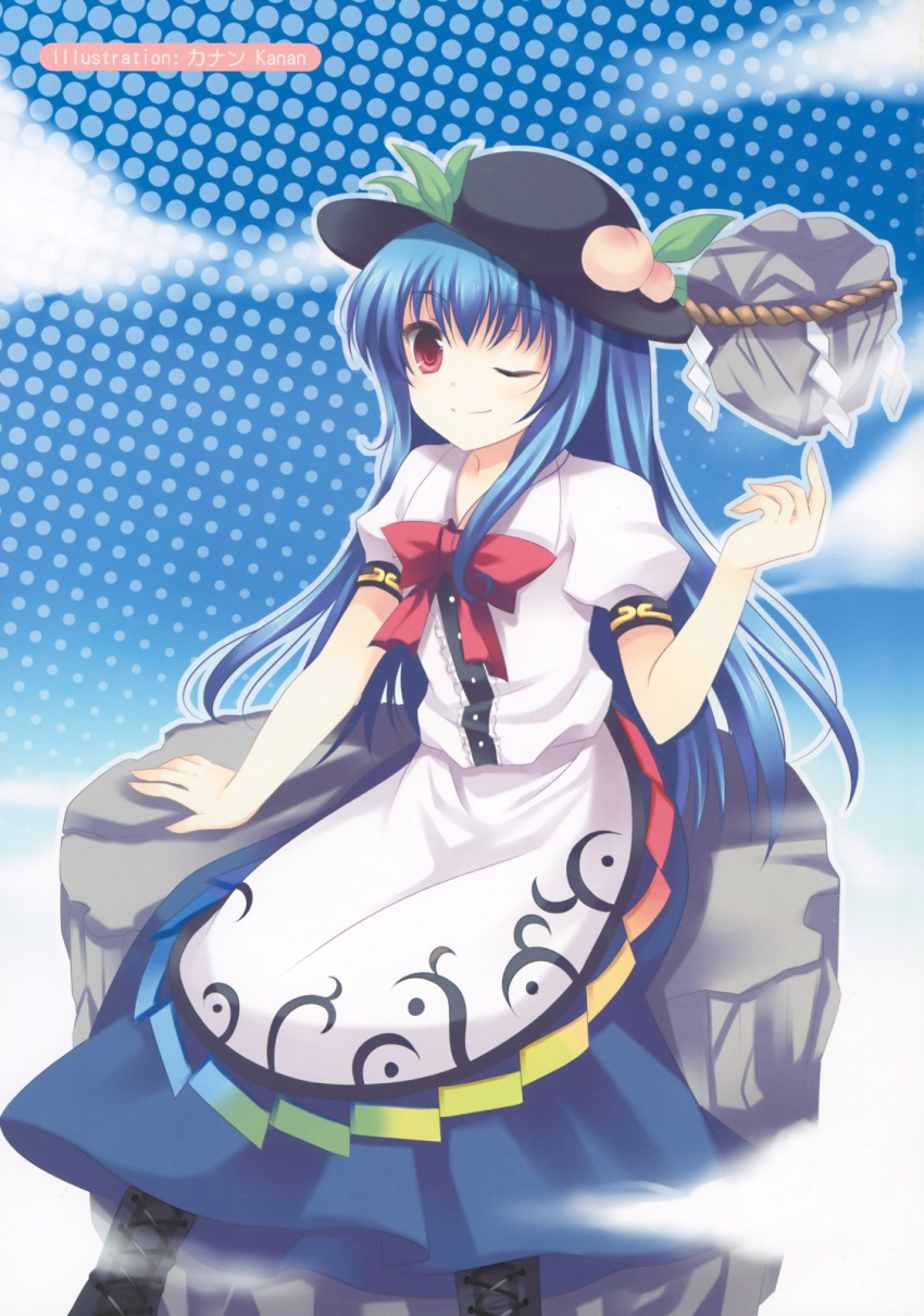 balancing blue_hair boots bow cloud day doujinshi dress female food fruit hat highres hinanawi_tenshi kanan keystone long_hair non-web_source one_eye_closed peach red_eyes sitting solo touhou