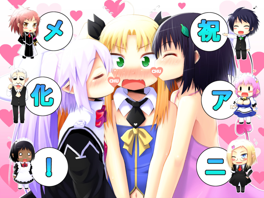 2boys 6+girls :d @_@ ^_^ animal_ears astarotte_ygvar bad_id bad_pixiv_id bare_shoulders black_hair blonde_hair blush blush_stickers bow bowtie chibi closed_eyes cuthfleda detached_collar double_cheek_kiss dress elfleda_mirjasdottir embarrassed girl_sandwich green_eyes griselda_reginhard hair_ornament heart heart_background ingrid_sorveig_sorgrims judit_snorrevik kissing kissing_cheek leaf_hair_ornament light_purple_hair long_hair looking_at_viewer lotte_no_omocha! multiple_boys multiple_girls navel necktie oerba_yun_fang olav_frithmar open_mouth pantyhose pink_dress pointy_ears rabbit_ears robe sandwiched short_hair smile tanno_shii touhara_asuha touhara_naoya twintails yuri