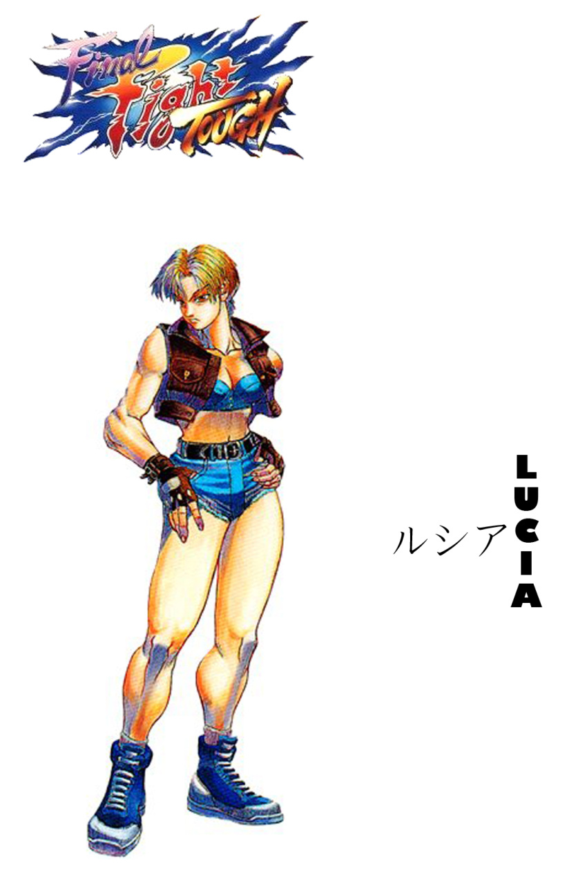 90s bengus blonde_hair capcom character denim final_fight game highres lucia lucia_morgan midriff muscle official_art short_hair solo