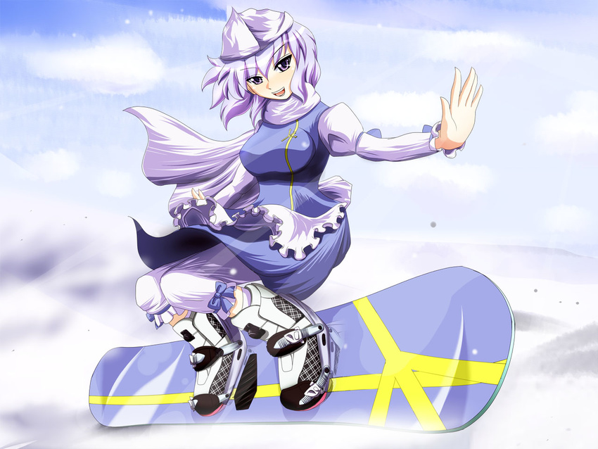 bad_id bad_pixiv_id breasts female hat large_breasts letty_whiterock light_purple_hair outstretched_arms photoshop_(medium) purple_eyes saturnon scarf short_hair snowboard solo spread_arms touhou