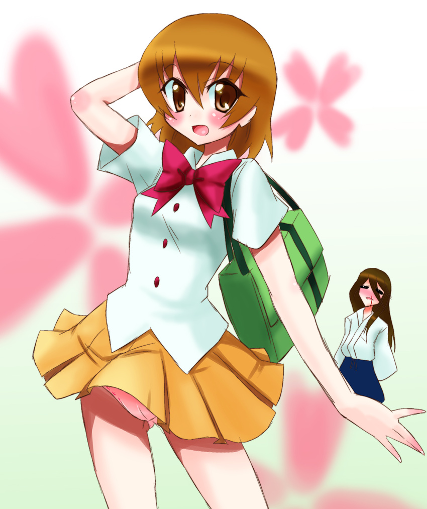 1boy bag blood blush bow brother_and_sister brown_hair commentary_request female heartcatch_precure! highres japanese_clothes long_hair myoudou_gakuen_middle_school_uniform myoudouin_itsuki myoudouin_satsuki nosebleed panties pink_panties precure school_uniform shirogane_(cufsser) short_hair siblings skirt underwear