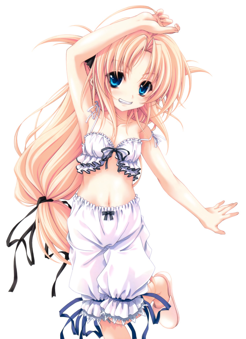 absurdres armpits blonde_hair bloomers blue_eyes bra female front-tie_top highres kanojo_tachi_no_ryuugi lingerie long_hair miyama-zero navel ponytail shirogane_akane slippers solo underwear