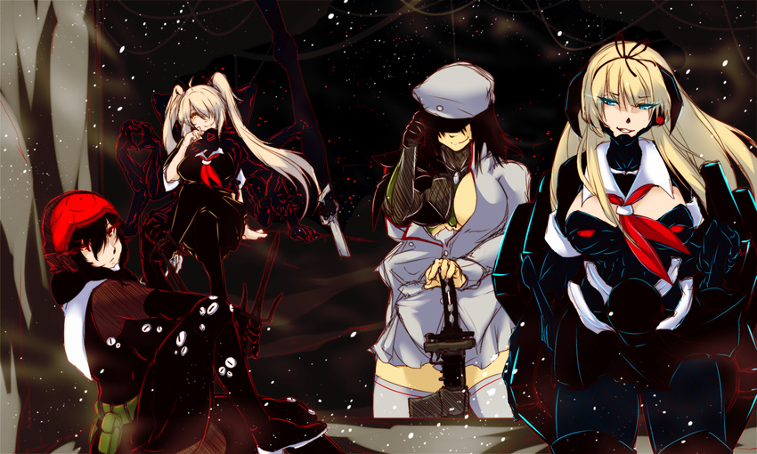 4girls adapted_costume adjusting_clothes adjusting_headwear ahoge akitsu_maru_(kancolle) alternate_eye_color black_gloves black_hair black_serafuku blonde_hair blue_eyes bodysuit breasts brown_eyes commentary_request cosplay crossed_legs cyborg dandara_(karakure) elbow_gloves female_admiral_(kancolle) gloves hair_ornament hair_over_one_eye hair_ribbon hand_on_headwear hat headgear hf_murasama highres holding holding_weapon kantai_collection large_breasts light_brown_hair long_hair looking_at_viewer metal_gear_(series) metal_gear_rising:_revengeance military military_uniform mistral_(metal_gear_rising) mistral_(metal_gear_rising)_(cosplay) monsoon_(metal_gear_rising) monsoon_(metal_gear_rising)_(cosplay) multiple_girls murasame_(kancolle) neckerchief pale_skin parody peaked_cap pleated_skirt red_eyes red_neckerchief ribbon sai_(weapon) samuel_rodrigues samuel_rodrigues_(cosplay) scabbard school_uniform serafuku sheath short_hair sitting skirt smile sundowner_(metal_gear_rising) sundowner_(metal_gear_rising)_(cosplay) sword thighhighs twintails uniform unsheathed very_long_hair weapon white_legwear yuudachi_(kancolle) zettai_ryouiki