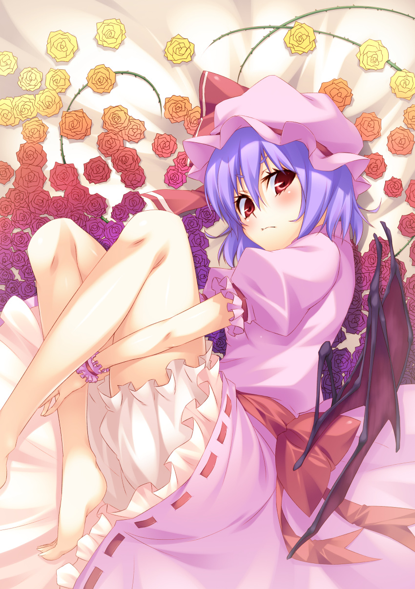 absurdres bare_legs barefoot bloomers bow commentary_request dress female fetal_position flower hat highres hugging_own_legs kokonoe_shuu large_bow light_purple_hair looking_at_viewer lying on_side partial_commentary photoshop_(medium) plant red_eyes remilia_scarlet rose solo touhou underwear vines wings wrist_cuffs