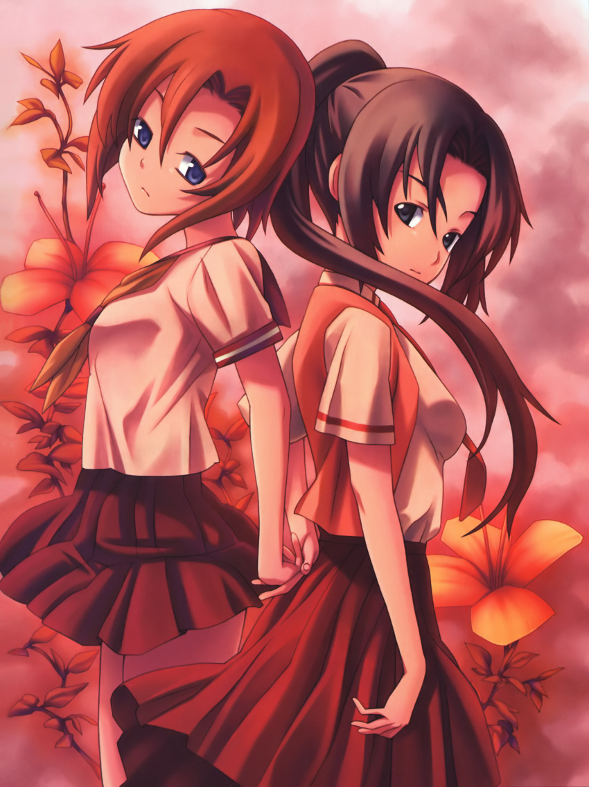 2girls absurdres artist_request back-to-back black_eyes blue_eyes check_artist ekusa_takahito flower highres higurashi_no_naku_koro_ni holding_hands long_hair multiple_girls necktie official_art ponytail profile red_theme ryuuguu_rena school_uniform serafuku short_hair short_sleeves sonozaki_mion vest