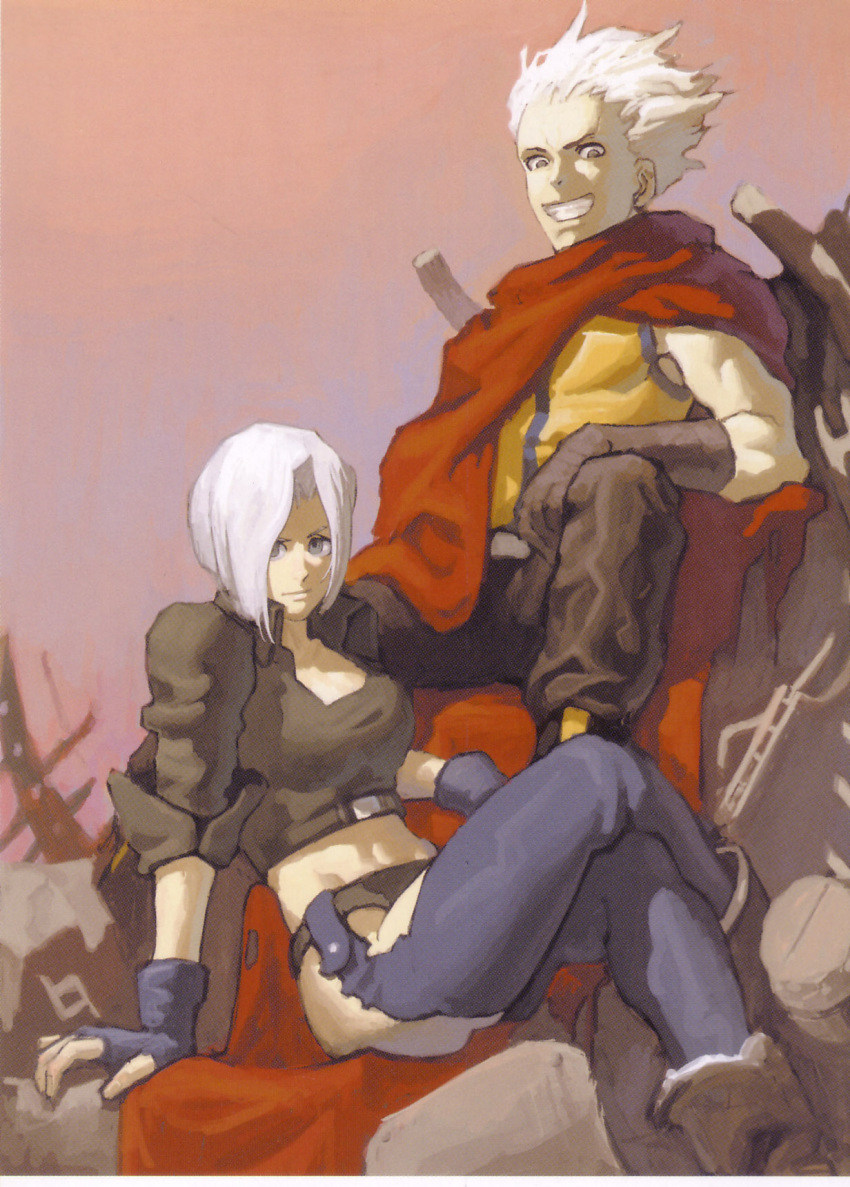 1boy angel_(kof) artist_request blue_eyes boots cape chaps crop_top cropped_jacket female fingerless_gloves gloves grin highres jacket k9999 midriff photoshop_(medium) sitting smile the_king_of_fighters white_hair