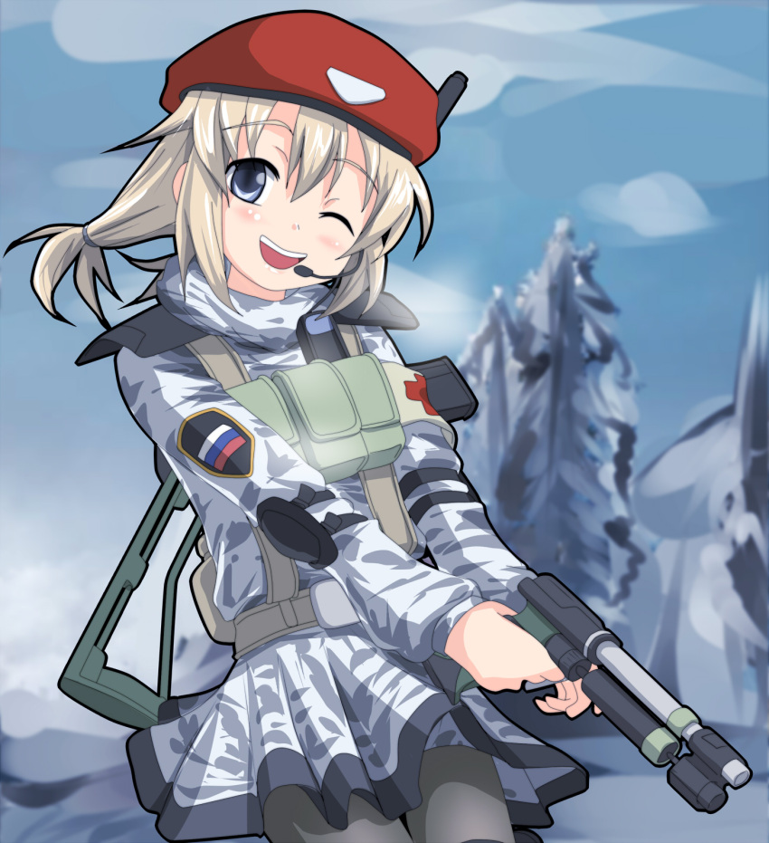 ;d aek-971 bad_source battlefield:_bad_company_2 battlefield_(series) beret blurry camouflage depth_of_field female grey_pantyhose gun handgun hangaku hat highres military military_uniform one_eye_closed open_mouth pantyhose pleated_skirt russia russian_flag skirt smile solo tracer_dart uniform weapon