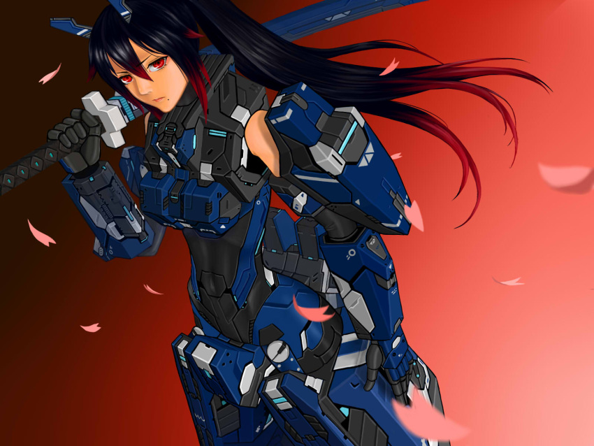 black_hair commentary_request cosmic_break female highres kp-xx long_hair mecha_musume ouka_(cosmic_break) petals red_eyes solo weapon