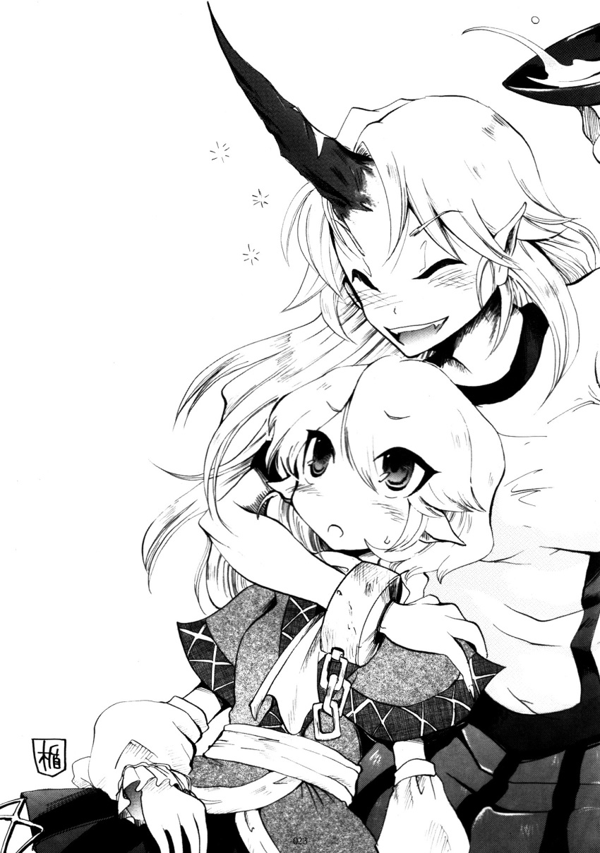 2girls aki_eda alcohol arm_warmers blush chains closed_eyes cuffs drunk greyscale highres horns hoshiguma_yuugi hug laughing long_hair looking_up mizuhashi_parsee monochrome multiple_girls no_nose non-web_source oerba_yun_fang pointy_ears sake short_hair single_horn squeans sweatdrop touhou