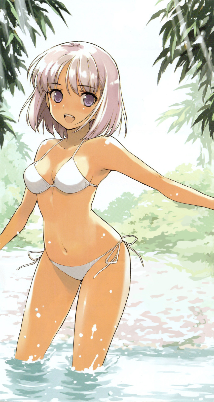 absurdres bikini bob_cut breasts cleavage fana_del_moral female highres hikuushi_series medium_breasts morisawa_haruyuki outstretched_arms pink_hair purple_eyes scan short_hair side-tie_bikini_bottom smile solo spread_arms swimsuit third-party_edit toaru_hikuushi_e_no_tsuioku wading white_bikini