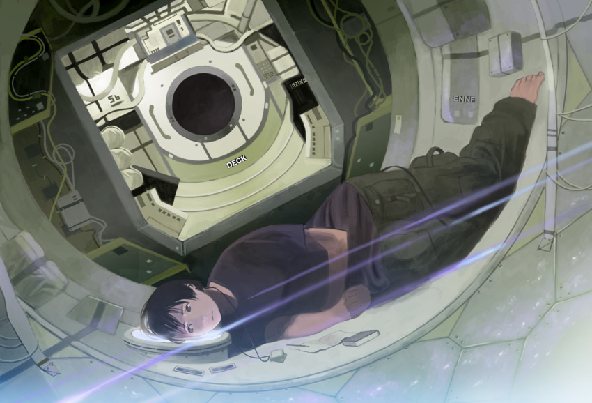 bad_id bad_pixiv_id barefoot black_eyes black_hair cable commentary female indoors international_space_station lens_flare lying notepad on_side original pen realistic shiira short_hair solo window