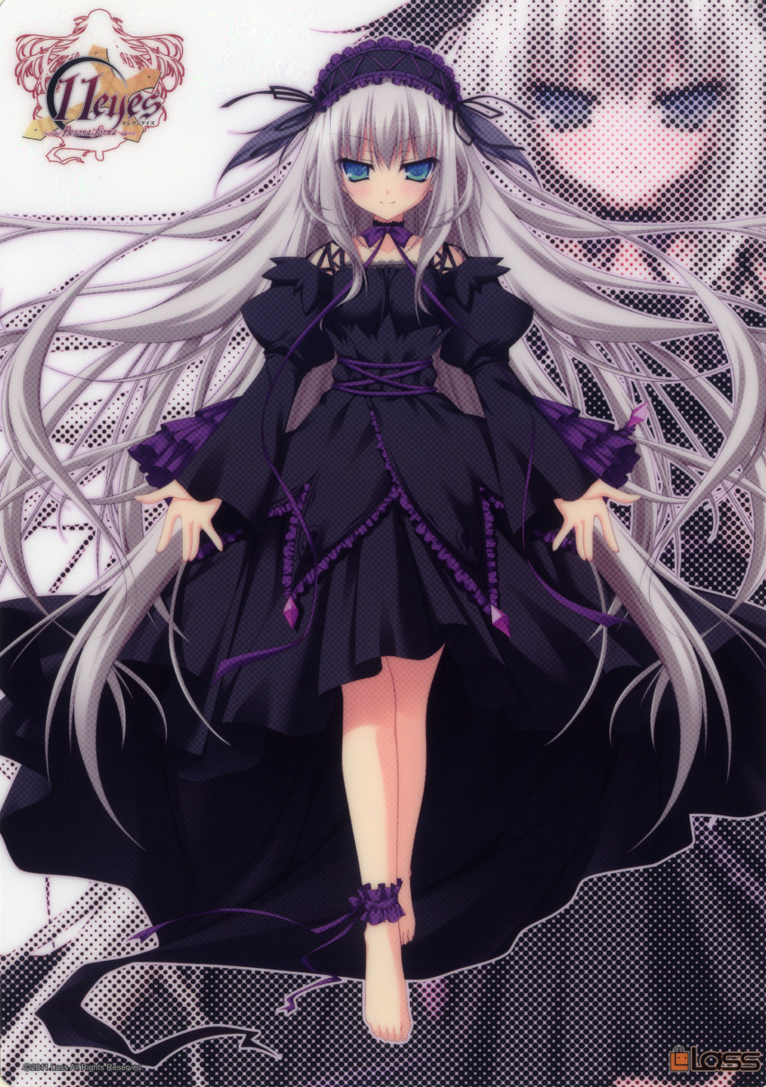 11eyes 2011 absurdres ankle_garter barefoot black blue_eyes chikotam dress female garters gothic_lolita halftone hayakawa_harui headdress highres lisette_vertorre lolita_fashion long_hair official_art open_\m/ rizetto_verutooru scan silver_hair solo very_long_hair zoom_layer