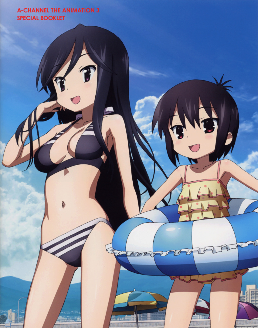 2girls :d a_channel absurdres adjusting_hair age_difference antenna_hair armpits bikini bikini_skirt black_bikini black_hair blue_sky blurry blush body_blush breasts breasts_apart building cityscape cleavage cloud copyright_name cowboy_shot day depth_of_field flat_chest highres holding ichii_tooru innertube lamppost lolicon long_hair looking_afar medium_breasts mountain multiple_girls navel nishi_yuuko official_art open_mouth outdoors photoshop_(medium) polka_dot polka_dot_bikini polka_dot_swimsuit purple_eyes red_eyes sasaki_masakatsu scan short_hair sideboob sidelocks sky smile sports_bikini standing striped_bikini striped_clothes swept_bangs swim_ring swimsuit tankini umbrella very_long_hair yellow_bikini