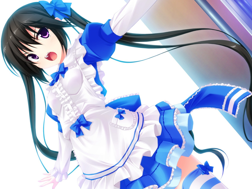 black_hair blue_eyes bow female game_cg hairbow highres long_hair long_sleeves luna_lia mechakon! open_mouth purple_eyes skirt solo striped_clothes striped_thighhighs thighhighs twintails yatake_tsubaki