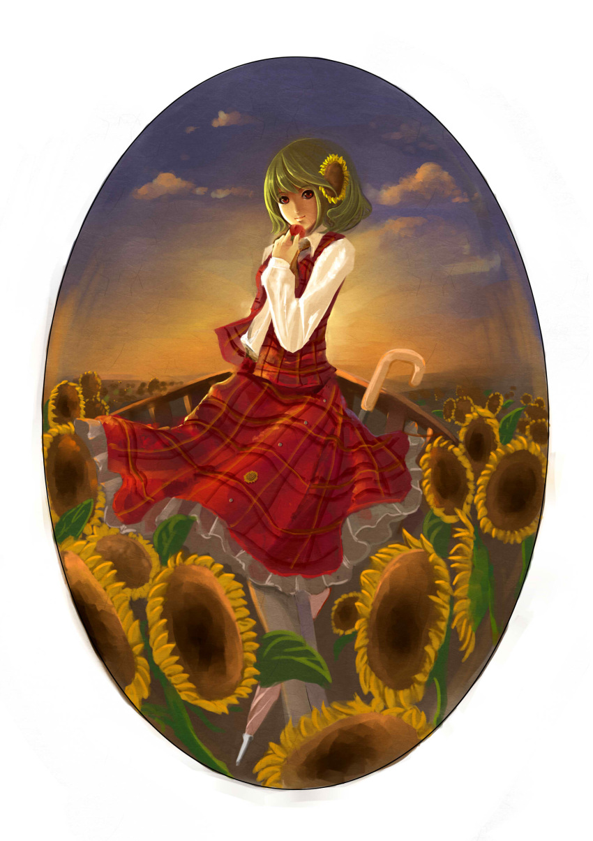 absurdres ascot au11 bad_id bad_pixiv_id circle closed_umbrella dress_shirt faux_traditional_media female field flower flower_field green_hair hair_flower hair_ornament highres kazami_yuuka outdoors plaid plaid_skirt plaid_vest red_eyes red_flower red_rose rose shirt short_hair skirt skirt_set sky smile solo sunflower sunflower_field sunset touhou umbrella vest white_legwear