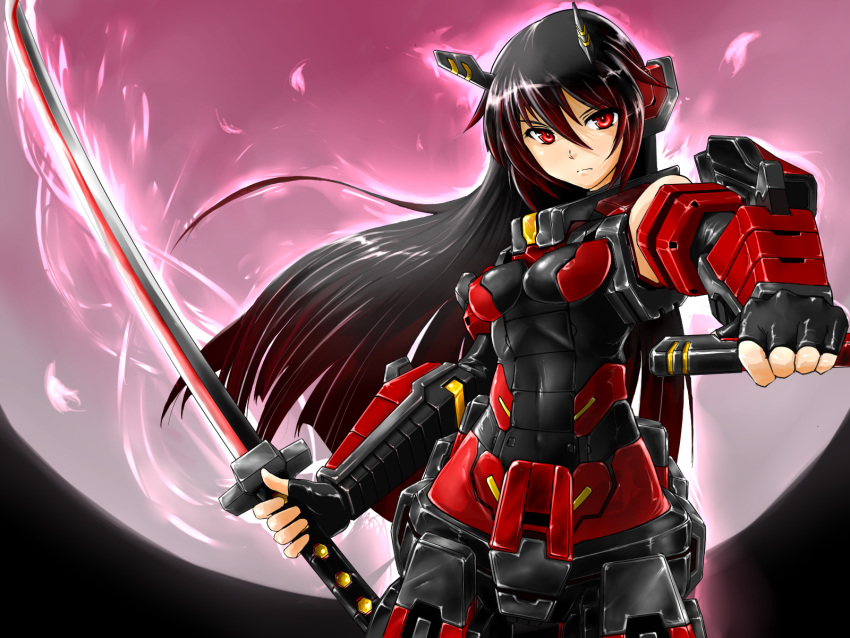 black_hair bodysuit commentary_request cosmic_break female full_moon hair_ornament halcon highres long_hair mecha_musume moon ouka_(cosmic_break) red_eyes sheath solo sword weapon