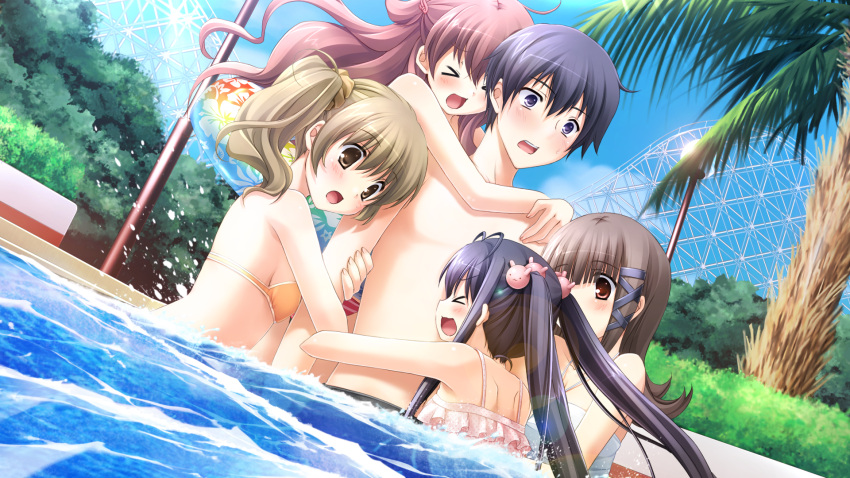 bikini black_hair brown_hair game_cg haruka_hinata hosaka_hina ikegami_akane makiya_kasumi makiya_sumika pool swimsuit water with_ribbon