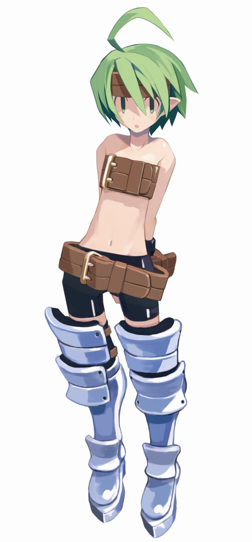 :o absurdres belt belt_bra belt_skirt bike_shorts disgaea female female_warrior_(disgaea) green_eyes harada_takehito headband highres makai_senki_disgaea_2 navel official_art photoshop_(medium) pointy_ears short_hair simple_background solo standing