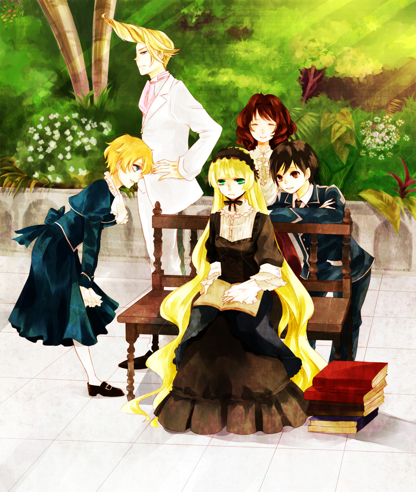 3girls avril_bradley bad_id bad_pixiv_id bench black_hair blonde_hair blue_eyes book brown_eyes brown_hair cecile_lafitte closed_eyes dress glasses gosick gothic_lolita green_eyes greville_de_blois highres kujou_kazuya lolita_fashion long_hair multiple_girls photoshop_(medium) pompadour school_uniform shirayuki_kuma short_hair tree very_long_hair victorica_de_blois