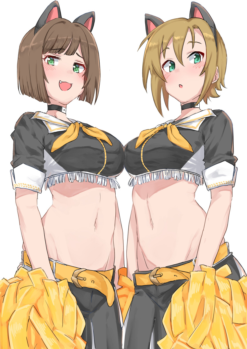 2girls absurdres animal_ears asterisk_(idolmaster) belt breasts brown_hair cat_ears cheerleader choker crop_top fake_animal_ears fringe_trim highres idolmaster idolmaster_cinderella_girls idolmaster_cinderella_girls_starlight_stage large_breasts maekawa_miku midriff multiple_girls navel oerba_yun_fang pleated_skirt pom_pom_(cheerleading) skirt smug tada_riina wasabijoyu76