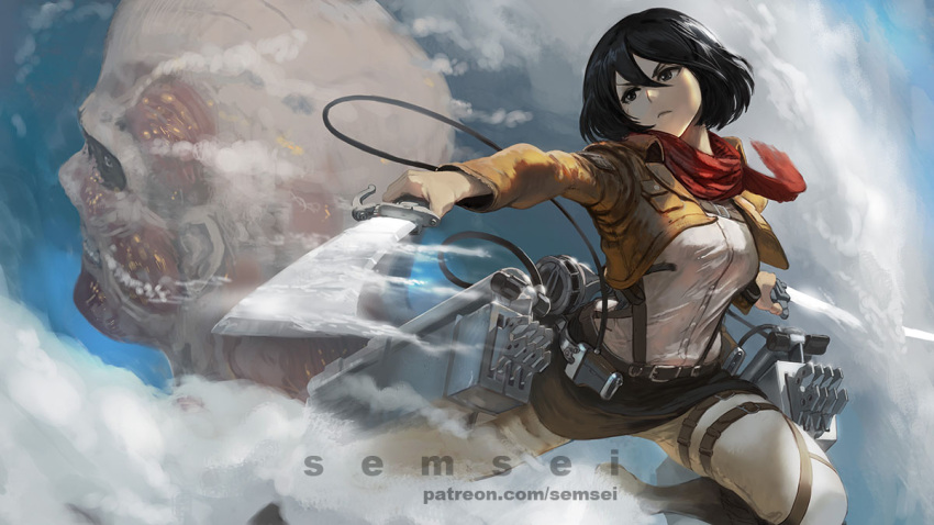 artist_name belt black_eyes black_hair bob_cut boots cloud colossal_titan commentary cropped_jacket david_semsei english_commentary female fighting foreshortening frown furrowed_brow giant grey_pants hair_between_eyes holding holding_weapon jacket long_bangs looking_at_another looking_back looking_to_the_side mikasa_ackerman mixed-language_commentary muscular pants paradis_military_uniform patreon_username red_scarf scar scar_on_cheek scar_on_face scarf shingeki_no_kyojin shirt short_hair sky solo sword thigh_boots thigh_strap thighhighs three-dimensional_maneuver_gear titan_(shingeki_no_kyojin) watermark weapon web_address white_shirt