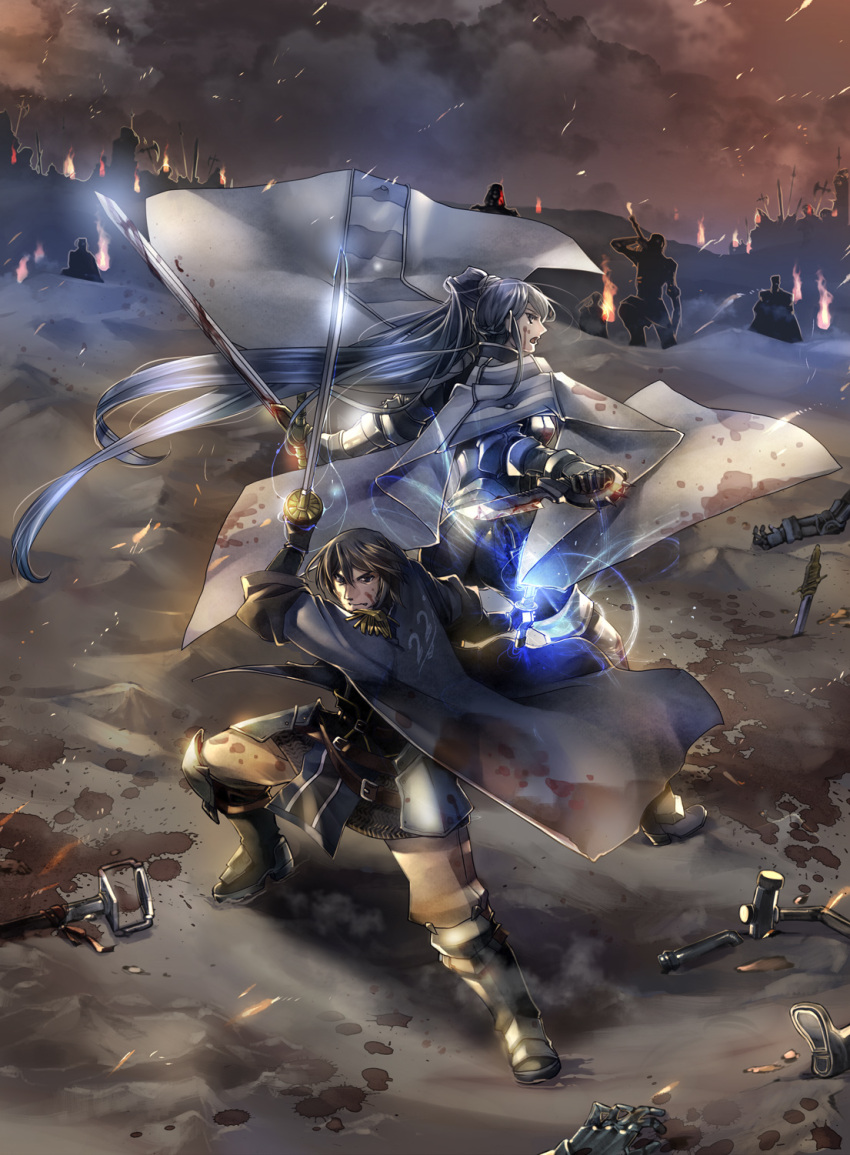 1boy armor battle blood blood_stain blue_hair boots brown_hair cape coat commentary_request dagger dual_wielding female fire gauntlets gloves glowing highres holding knife long_hair night pixiv_fantasia pixiv_fantasia_5 plate_armor ponytail short_hair smoke sword takayama_dan trench_coat very_long_hair weapon