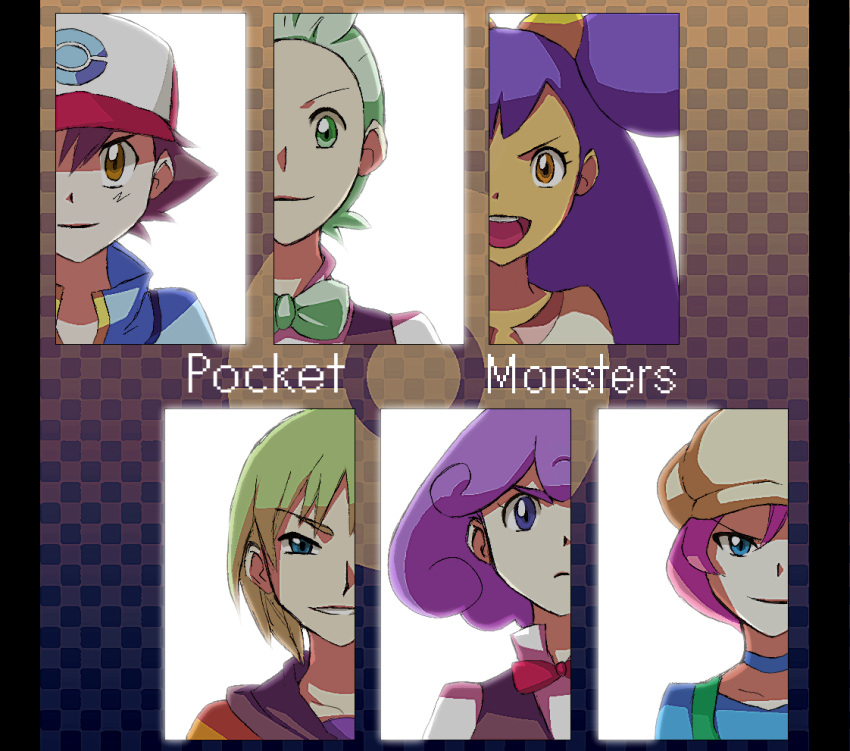 3boys 3girls bad_id bad_pixiv_id baseball_cap big_hair blonde_hair bow bowtie burgundy_(pokemon) cabbie_hat checkered_background choker cilan_(pokemon) column_lineup commentary_request copyright_name formal georgia_(pokemon) hat iris_(pokemon) maguro_ouji multiple_boys multiple_girls pink_hair pokemon pokemon_(anime) pokemon_bw_(anime) purple_hair satoshi_(pokemon) split_crop suit traditional_bowtie trip_(pokemon)