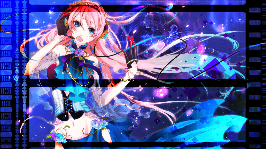 blue_eyes chikashige commentary_request female flower headphones headset highres jewelry long_hair megurine_luka music navel necklace open_mouth photoshop_(medium) pink_hair rose singing solo vocaloid