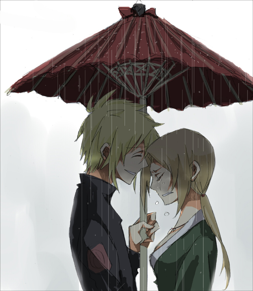 blonde_hair closed_eyes higashieast highres jewelry long_hair namikaze_minato naruto necklace rain tears tsunade umbrella