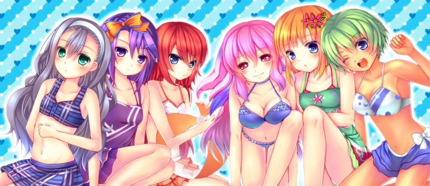 6+girls ball beachball bikini bikini_skirt black_hair blonde_hair blue_eyes commentary_request green_eyes green_hair ion_(rune_factory) karin_(rune_factory) long_hair multiple_girls one_eye_closed persia_(rune_factory) photoshop_(medium) pink_eyes pink_hair purple_eyes purple_hair red_hair rune_factory rune_factory_3 saotome_mirai short_hair sia_(rune_factory) sofia_jalapeno_viviage swimsuit toona