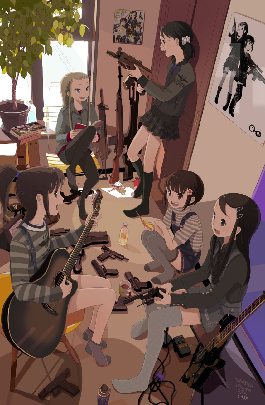 5girls acoustic_guitar against_wall ankle_socks assault_rifle battle_rifle beretta_px4 black_hair black_legwear black_skirt blue_eyes bottle brown_eyes brown_hair bullpup cellphone check_commentary commentary_request cup electric_guitar grey_legwear guitar gun h&k_psg1 hair_ornament hairclip handgun hatsuse_karila highres hinata_yachiyo howa_type_89 instrument kirishima_rento kneehighs kokudou_juunigou locked_slide long_hair m14 m1911 manga_(object) miniskirt multiple_girls mutsu_honoka open_mouth p90 pantyhose pencil_skirt phone photoshop_(medium) plant pleated_skirt polka_dot polka_dot_legwear ponytail poster_(object) potted_plant revolver rifle room sidelocks sitting skirt smile sniper_rifle socks standing submachine_gun suspender_skirt suspenders thighhighs tokurei_sochi_dantai_stella_jogakuin_c3_bu turtleneck water_bottle weapon yamato_yura