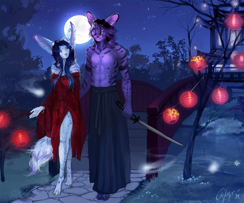 asian_clothing blue_hair bridge canid canine clothed clothing east_asian_clothing electropanda female fennec_fox forest fox grass hair japanese_clothing jewelry kimono lamp lantern male mammal markings melee_weapon moon neo night outside paper_lantern path plant purple_hair river star sword syria topless tree true_fox walking water weapon wood