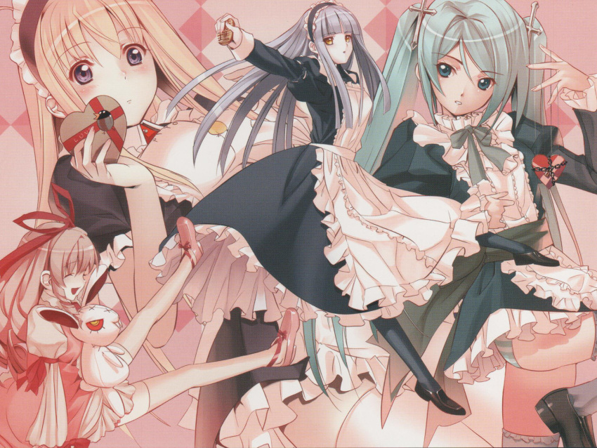 anna blonde_hair blush carnevale_della_luce_della_luna gray_hair green_hair iris long_hair lunaria maid perla pink_hair possible_duplicate twintails valentine