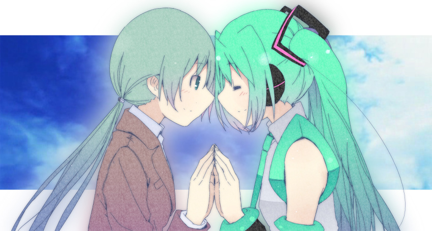 2girls closed_eyes commentary_request dual_persona green_eyes green_hair hatsune_miku highres kuroba_u long_hair multiple_girls symmetrical_hand_pose symmetry vocaloid