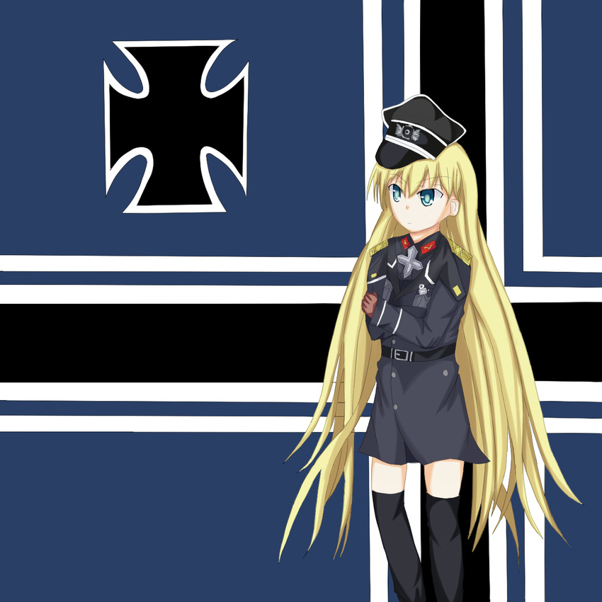 alice_soft blonde_hair blue_eyes cross daiteikoku hat highres legwear military military_uniform nazi peaked_cap retia_adolf skirt stockings thighhighs uniform