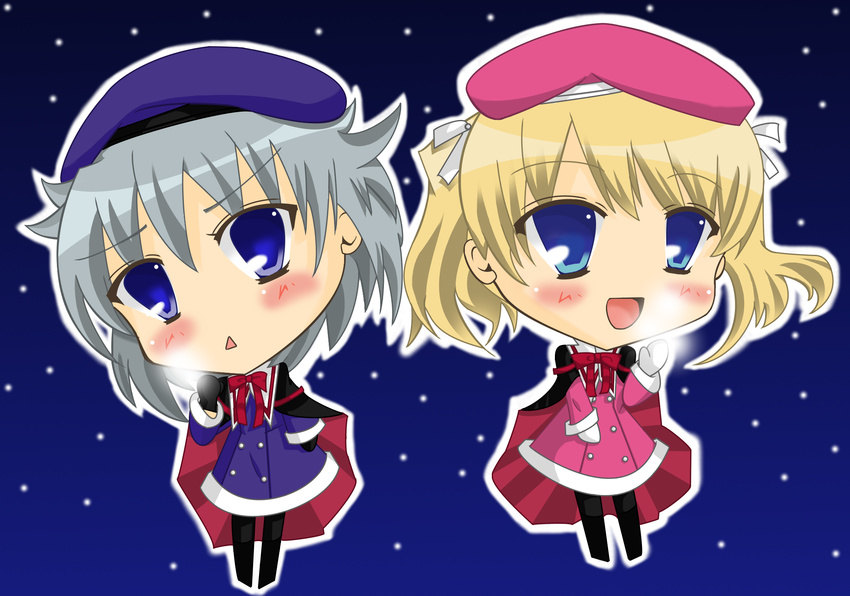 alice_soft beret blonde_hair blue_eyes daiteikoku hat highres jasnaberika katherine_(daiteikoku) mirja white_hair winter_clothes